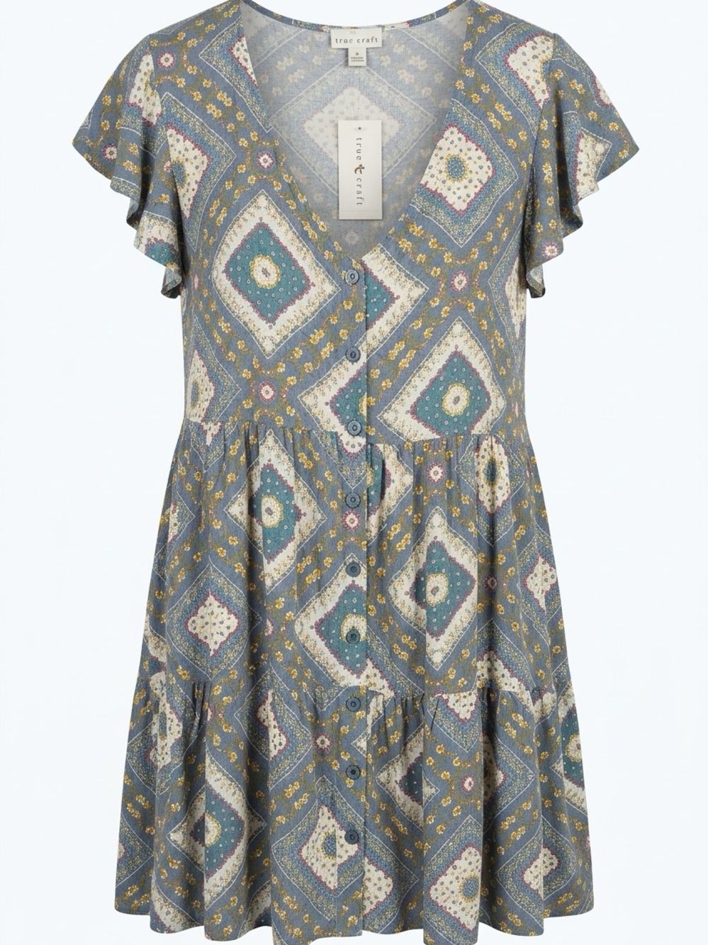 True Craft Slate Blue Diamond-Print Mini Dress